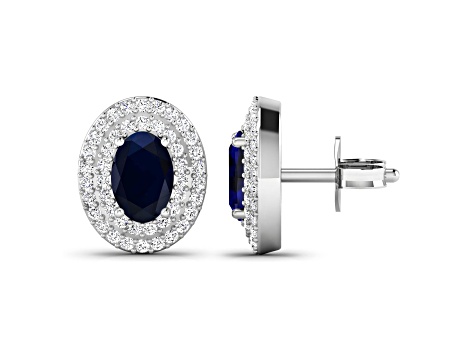 Blue Sapphire and White Diamond 14K White Gold Halo Stud Earrings