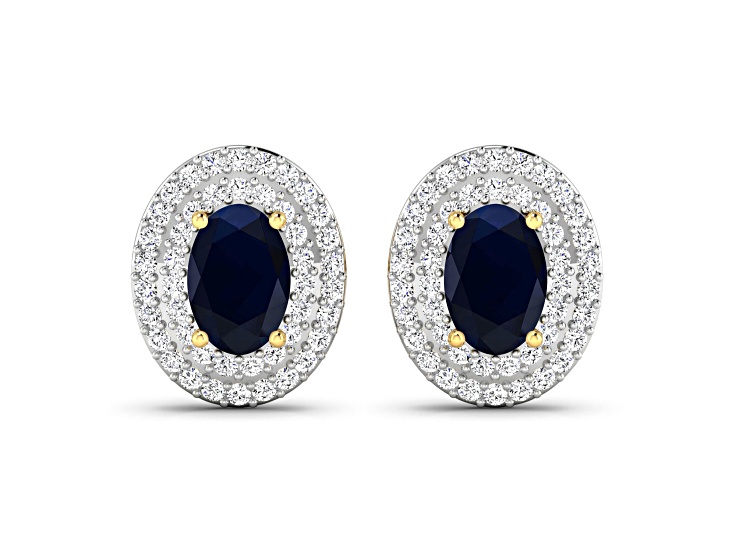 Blue Sapphire and White Diamond 14K Yellow Gold Halo Stud Earrings