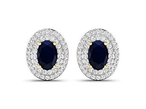 Blue Sapphire and White Diamond 14K Yellow Gold Halo Stud Earrings