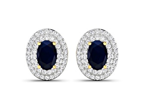 Blue Sapphire and White Diamond 14K Yellow Gold Halo Stud Earrings