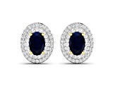 Blue Sapphire and White Diamond 14K Yellow Gold Halo Stud Earrings