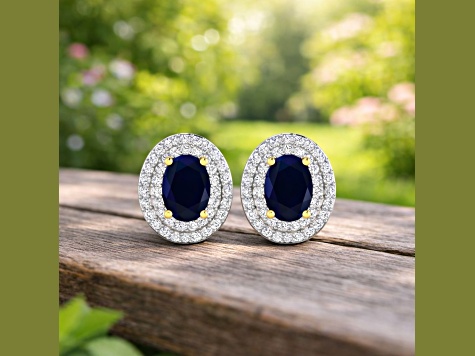 Blue Sapphire and White Diamond 14K Yellow Gold Halo Stud Earrings