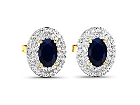 Blue Sapphire and White Diamond 14K Yellow Gold Halo Stud Earrings