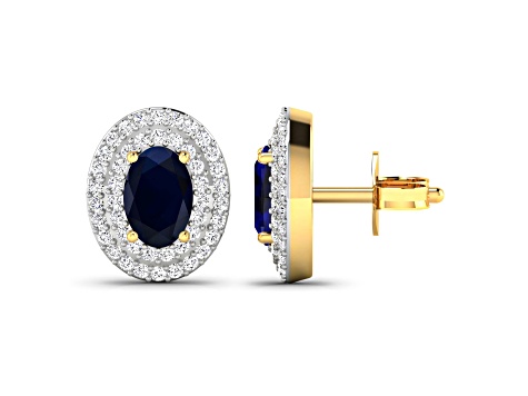 Blue Sapphire and White Diamond 14K Yellow Gold Halo Stud Earrings