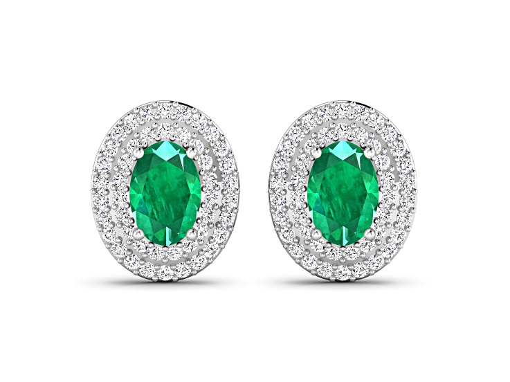 Green Zambian Emerald and White Diamond 14K White Gold Halo Stud Earrings
