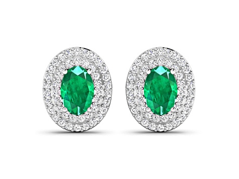 Green Zambian Emerald and White Diamond 14K White Gold Halo Stud Earrings
