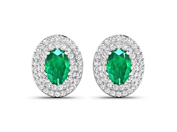 Picture of Green Zambian Emerald and White Diamond 14K White Gold Halo Stud Earrings