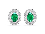 Green Zambian Emerald and White Diamond 14K White Gold Halo Stud Earrings