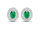 Green Zambian Emerald and White Diamond 14K White Gold Halo Stud Earrings