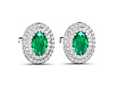 Green Zambian Emerald and White Diamond 14K White Gold Halo Stud Earrings