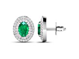 Green Zambian Emerald and White Diamond 14K White Gold Halo Stud Earrings