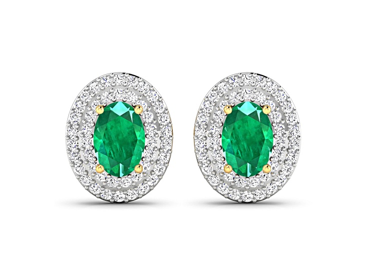Green Zambian Emerald and White Diamond 14K Yellow Gold Halo Stud Earrings