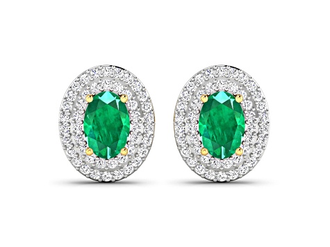 Green Zambian Emerald and White Diamond 14K Yellow Gold Halo Stud Earrings