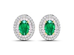 Green Zambian Emerald and White Diamond 14K Yellow Gold Halo Stud Earrings