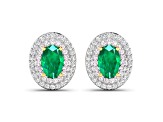 Green Zambian Emerald and White Diamond 14K Yellow Gold Halo Stud Earrings