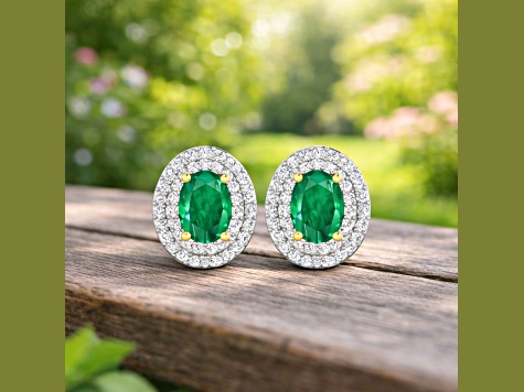 Green Zambian Emerald and White Diamond 14K Yellow Gold Halo Stud Earrings