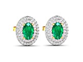Green Zambian Emerald and White Diamond 14K Yellow Gold Halo Stud Earrings