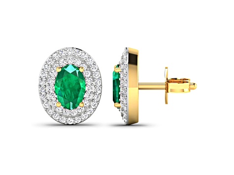 Green Zambian Emerald and White Diamond 14K Yellow Gold Halo Stud Earrings