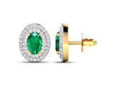 Green Zambian Emerald and White Diamond 14K Yellow Gold Halo Stud Earrings