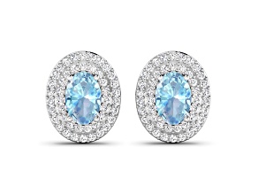 Blue Aquamarine and White Diamond 14K White Gold Halo Stud Earrings