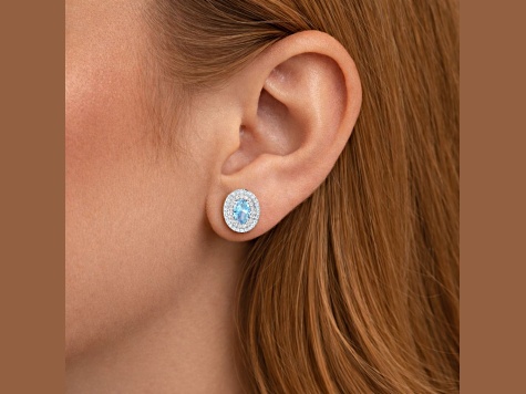 Blue Aquamarine and White Diamond 14K White Gold Halo Stud Earrings