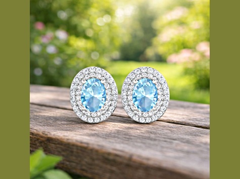 Blue Aquamarine and White Diamond 14K White Gold Halo Stud Earrings