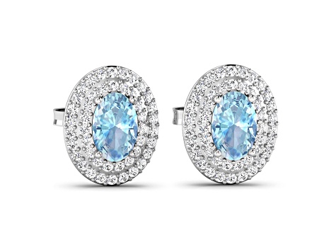Blue Aquamarine and White Diamond 14K White Gold Halo Stud Earrings