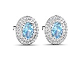 Blue Aquamarine and White Diamond 14K White Gold Halo Stud Earrings