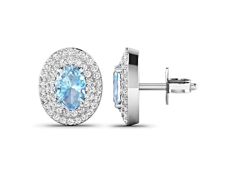 Blue Aquamarine and White Diamond 14K White Gold Halo Stud Earrings