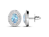 Blue Aquamarine and White Diamond 14K White Gold Halo Stud Earrings