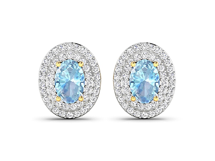 Blue Aquamarine and White Diamond 14K Yellow Gold Halo Stud Earrings