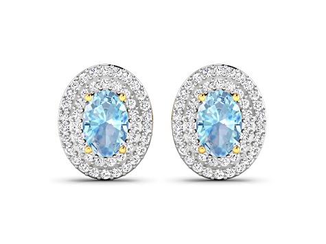 Blue Aquamarine and White Diamond 14K Yellow Gold Halo Stud Earrings