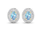 Blue Aquamarine and White Diamond 14K Yellow Gold Halo Stud Earrings