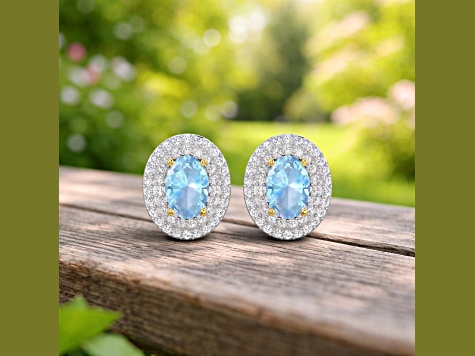 Blue Aquamarine and White Diamond 14K Yellow Gold Halo Stud Earrings