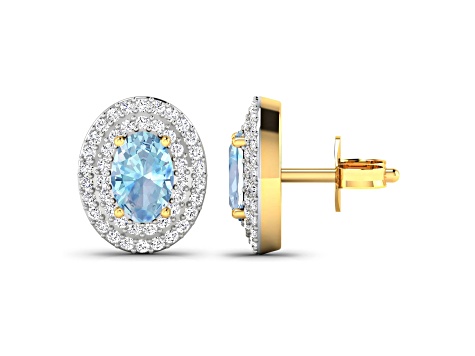 Blue Aquamarine and White Diamond 14K Yellow Gold Halo Stud Earrings