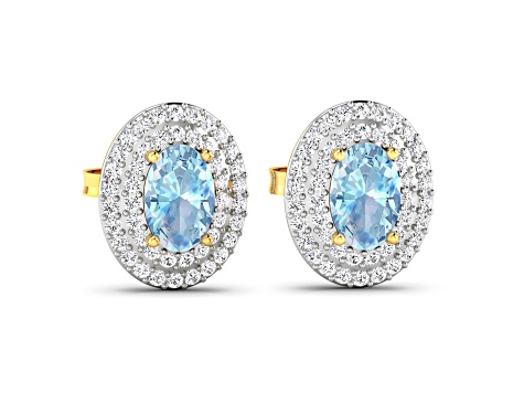 Blue Aquamarine and White Diamond 14K Yellow Gold Halo Stud Earrings