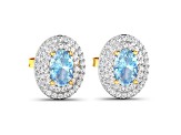 Blue Aquamarine and White Diamond 14K Yellow Gold Halo Stud Earrings