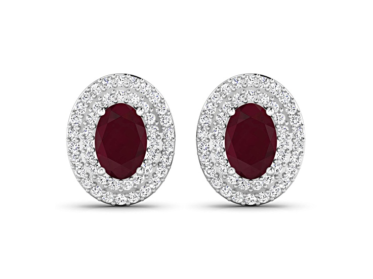 Red Ruby and White Diamond 14K White Gold Halo Stud Earrings