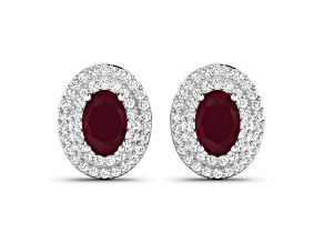 Red Ruby and White Diamond 14K White Gold Halo Stud Earrings