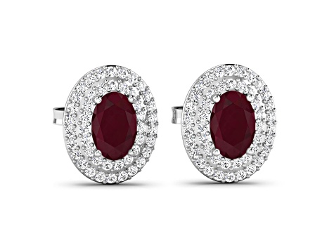 Red Ruby and White Diamond 14K White Gold Halo Stud Earrings