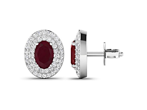 Red Ruby and White Diamond 14K White Gold Halo Stud Earrings
