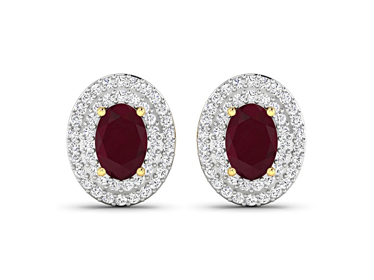 Red Ruby and White Diamond 14K Yellow Gold Stud Earrings
