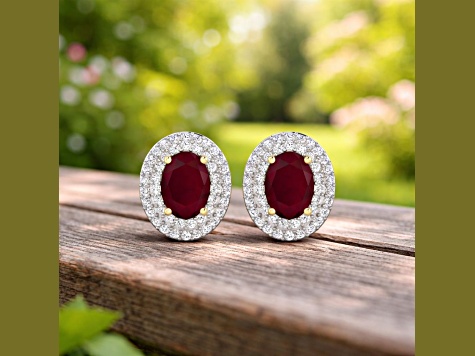 Red Ruby and White Diamond 14K Yellow Gold Stud Earrings