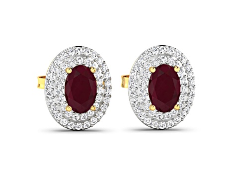 Red Ruby and White Diamond 14K Yellow Gold Stud Earrings
