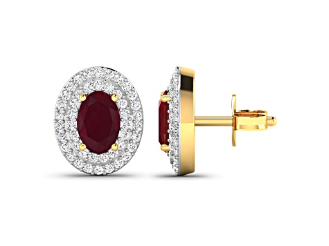 Red Ruby and White Diamond 14K Yellow Gold Stud Earrings