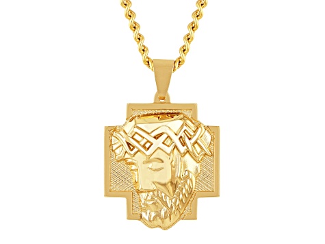 Yellow Ion-Plated Stainless Steel Jesus Head Cross Pendant With Chain