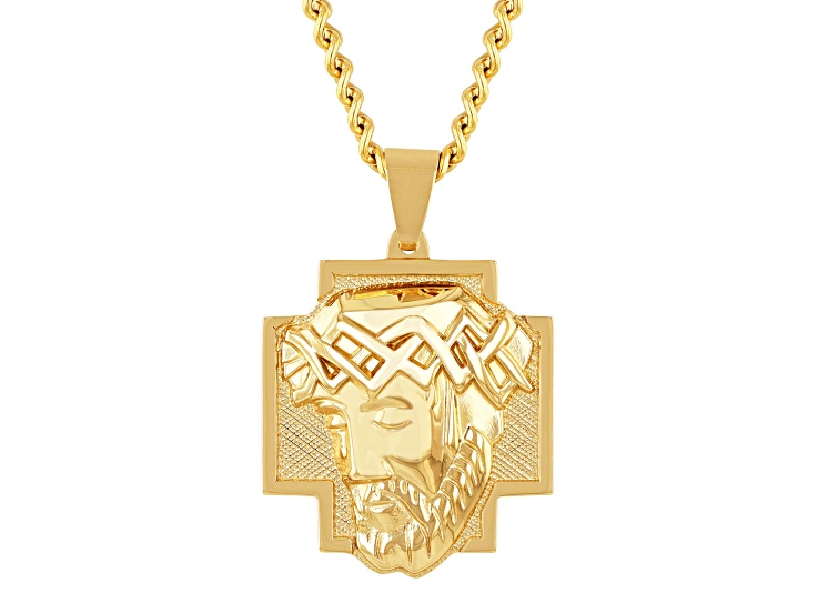 Yellow Ion-Plated Stainless Steel Jesus Head Cross Pendant With Chain