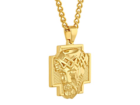 Yellow Ion-Plated Stainless Steel Jesus Head Cross Pendant With Chain