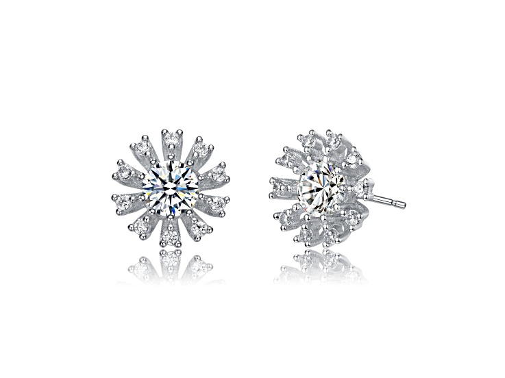 Clear Round and Baguette Cubic Zirconia, Rhodium Plated over Sterling Silver Flower Stud Earrings