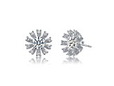 Clear Round and Baguette Cubic Zirconia, Rhodium Plated over Sterling Silver Flower Stud Earrings